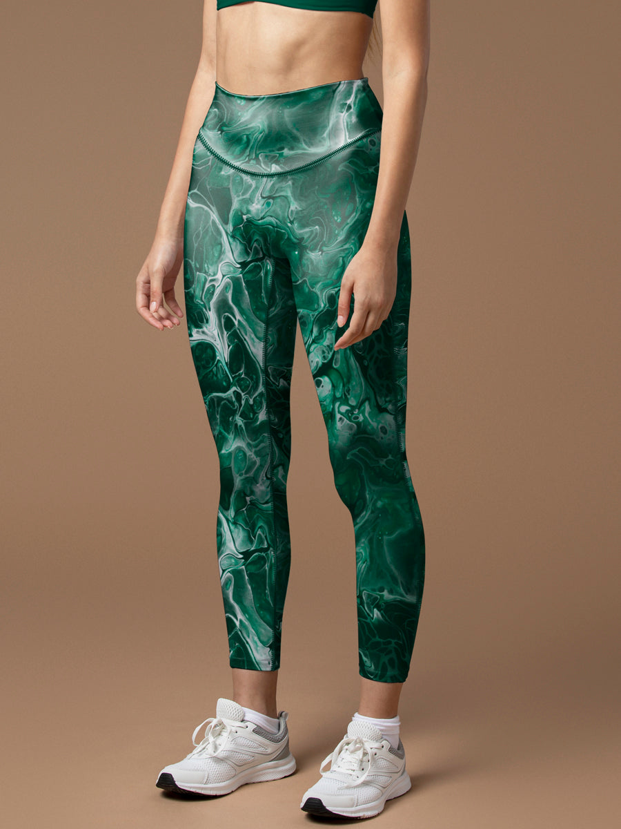 Abstract psychedelic green tie dye water ripple leggings