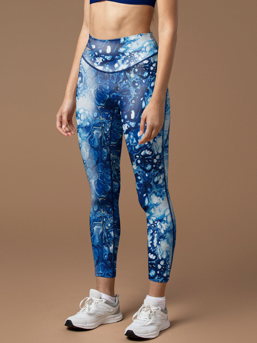 Abstract mixing blue tie dye water ripple leggings