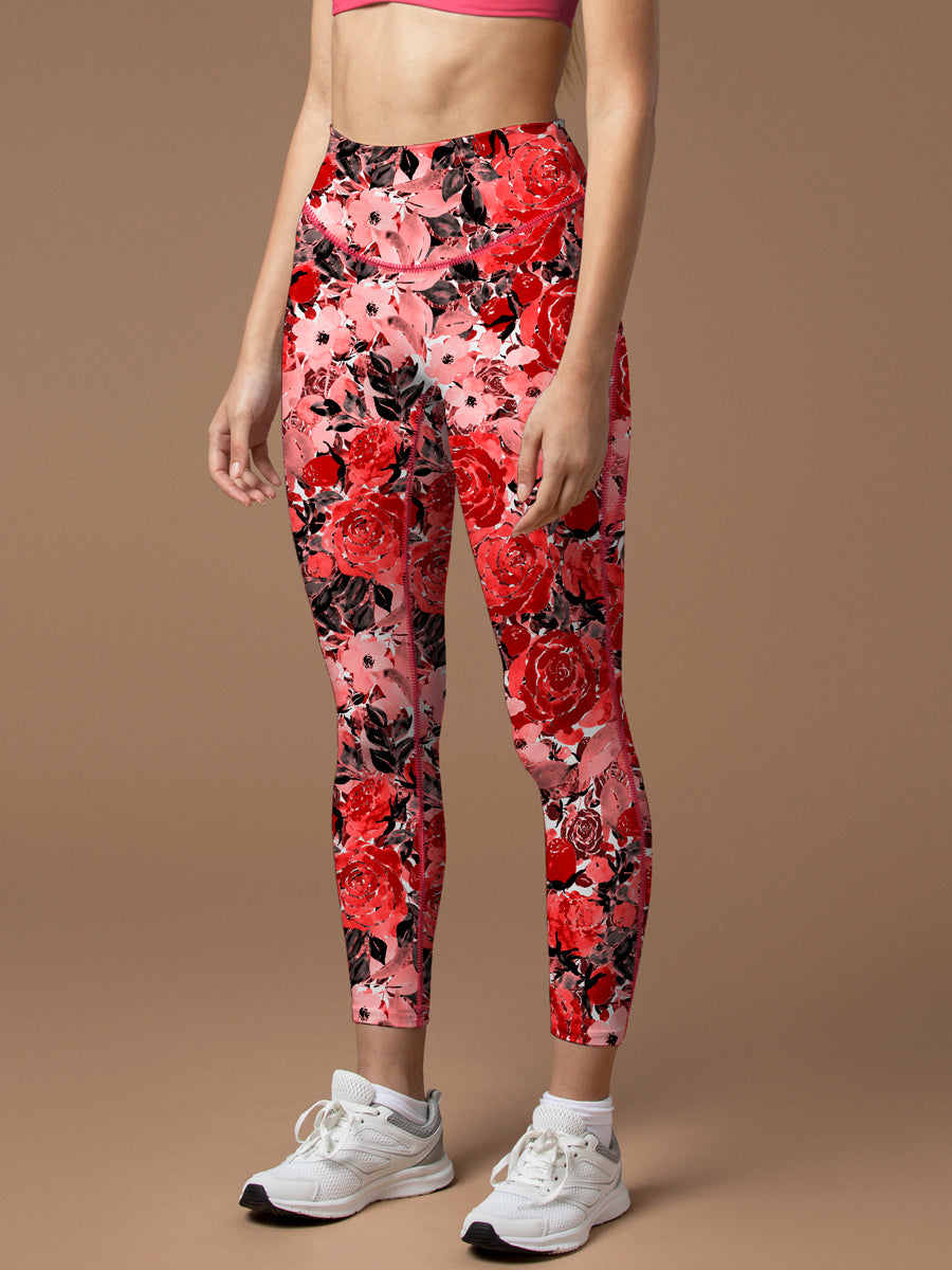 Flower red watercolor peony leggings