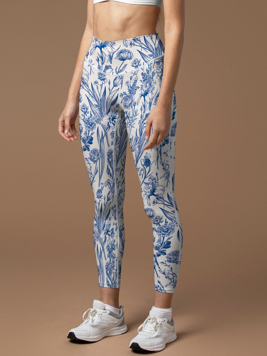 Flower blue lily of the valley rose tulip leaves print leggings
