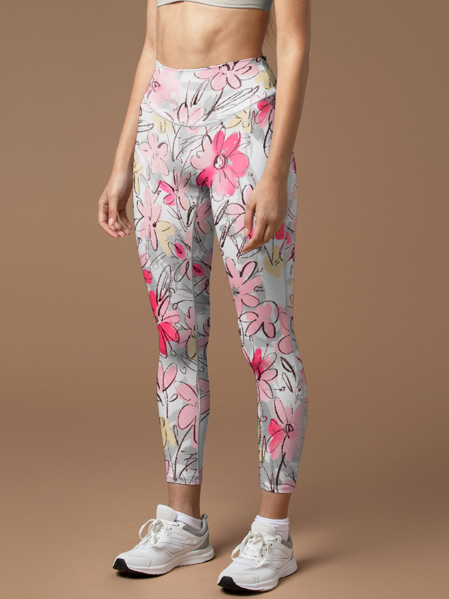 Hand painted colorful liberty style small mauve flowers leggings