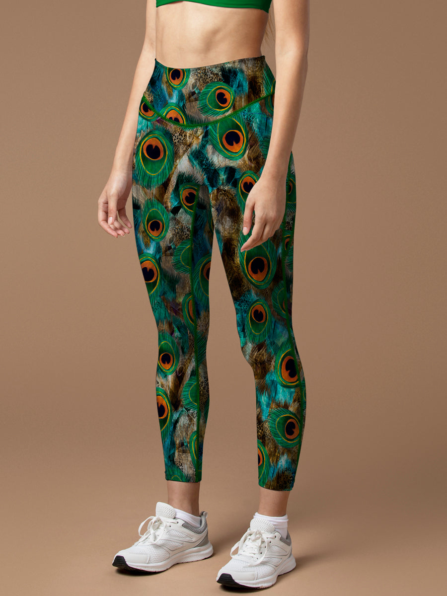 Animal green peacock feather leggings