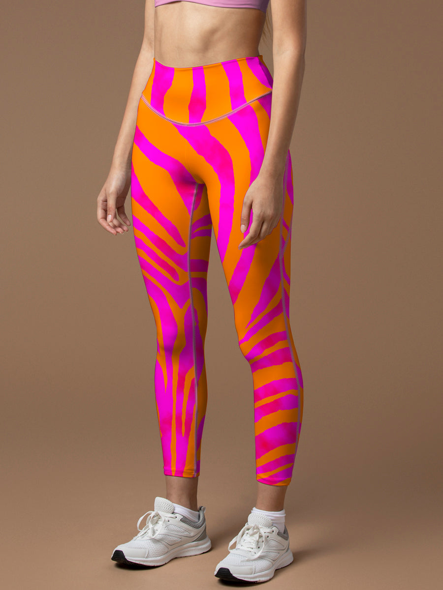 Orange and pink color block leggings