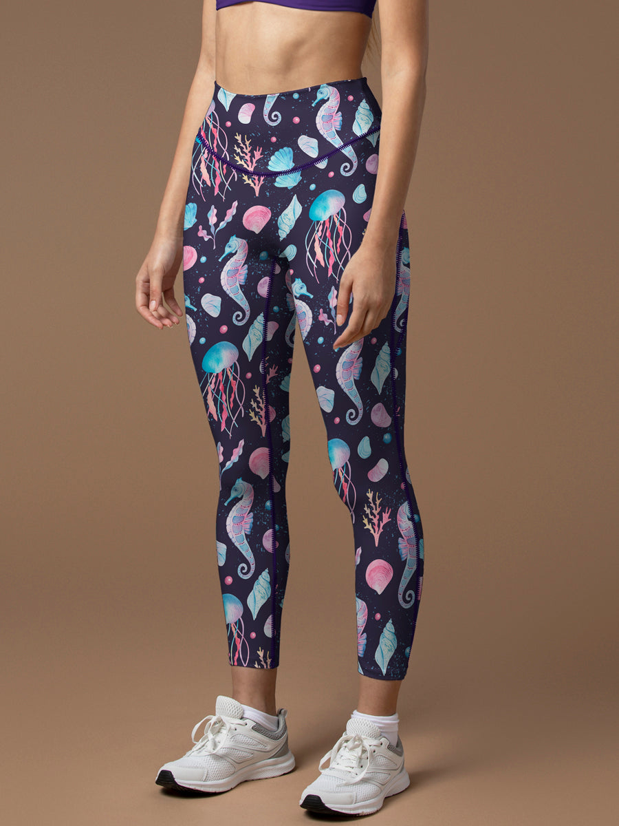 Ocean seahorse jellyfish conch dark leggings