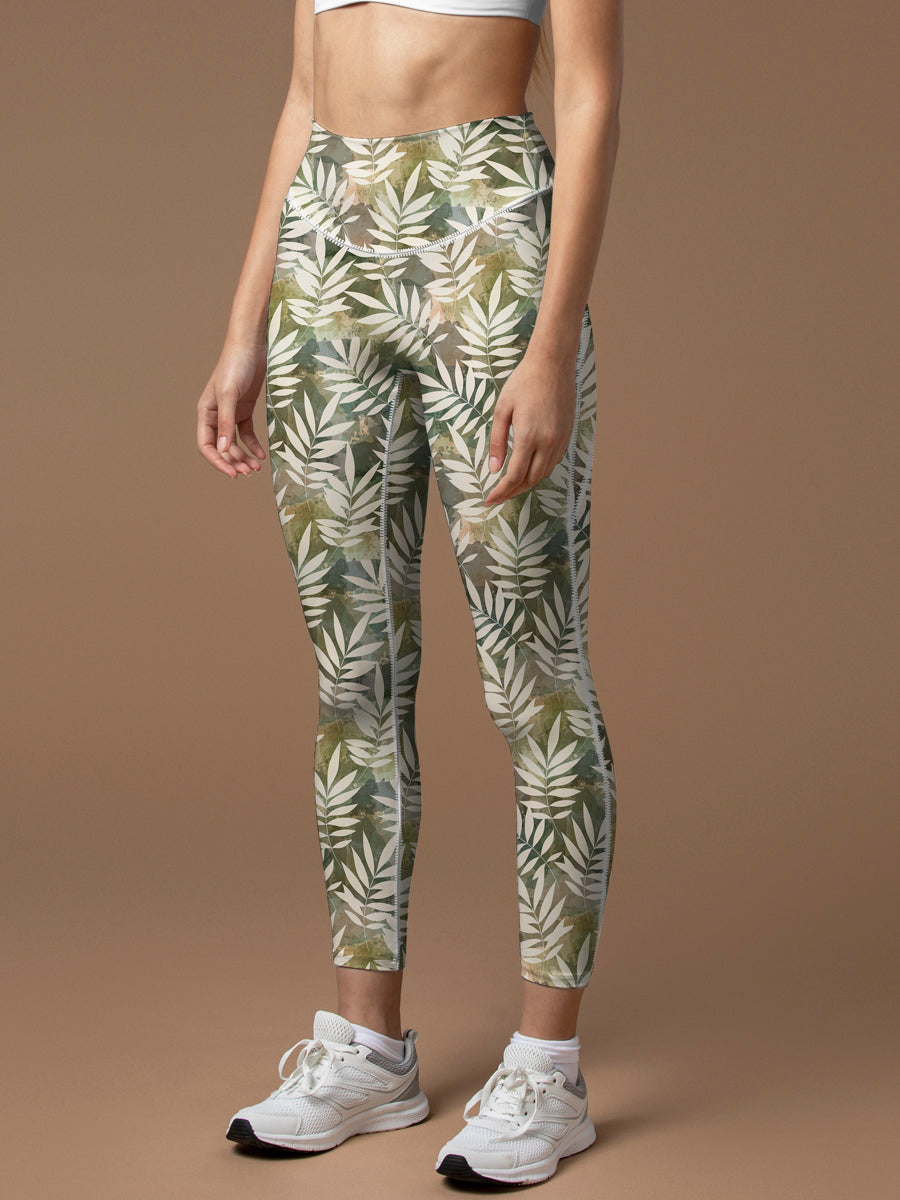 Botanical green gray leaves leggings