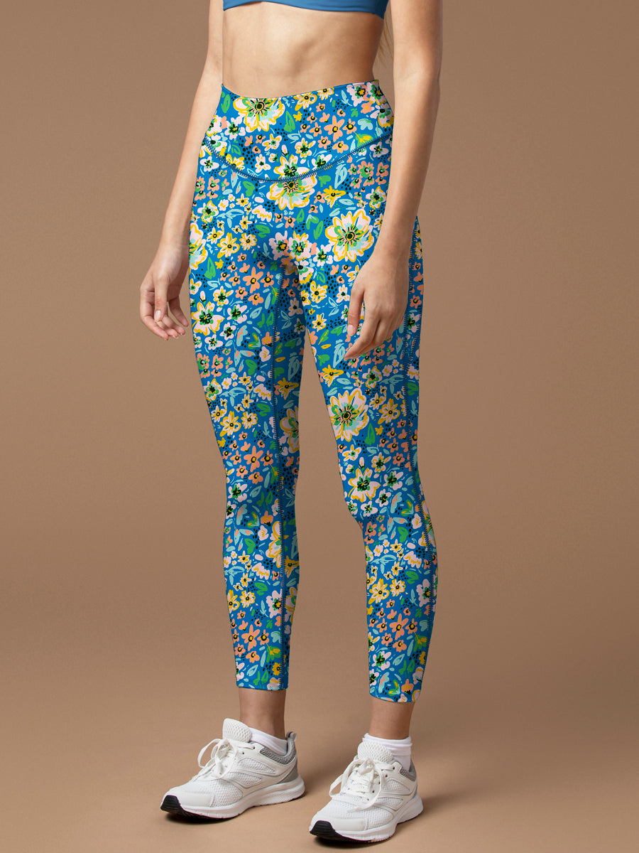 Flower big and small wildflower blue yoga leggings