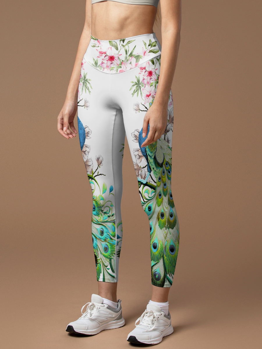 Animal peacock standing on the branch print leggings