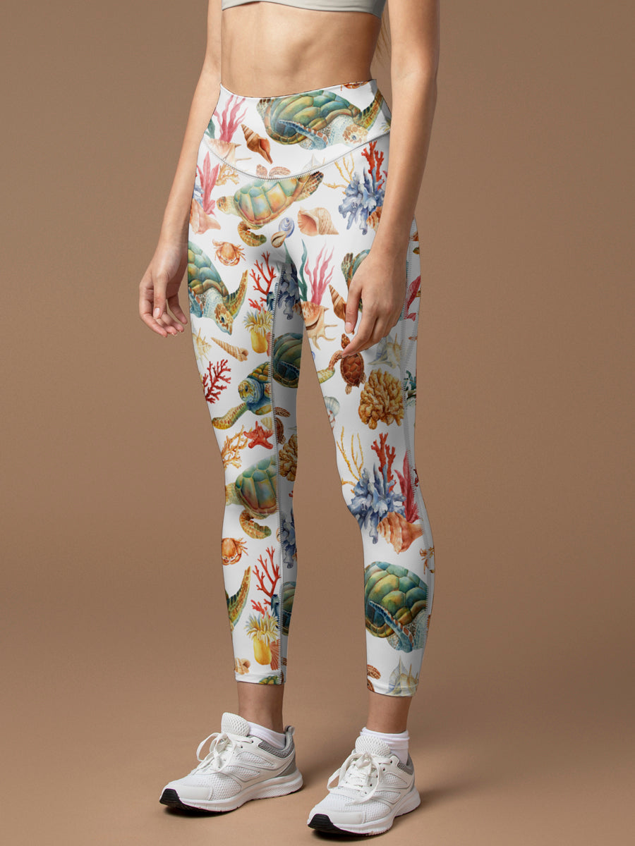 Ocean colorful tropical turtles starfish leggings