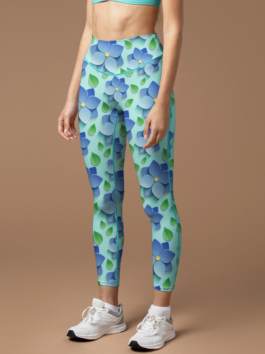 Blue 3D flower leaves leggings