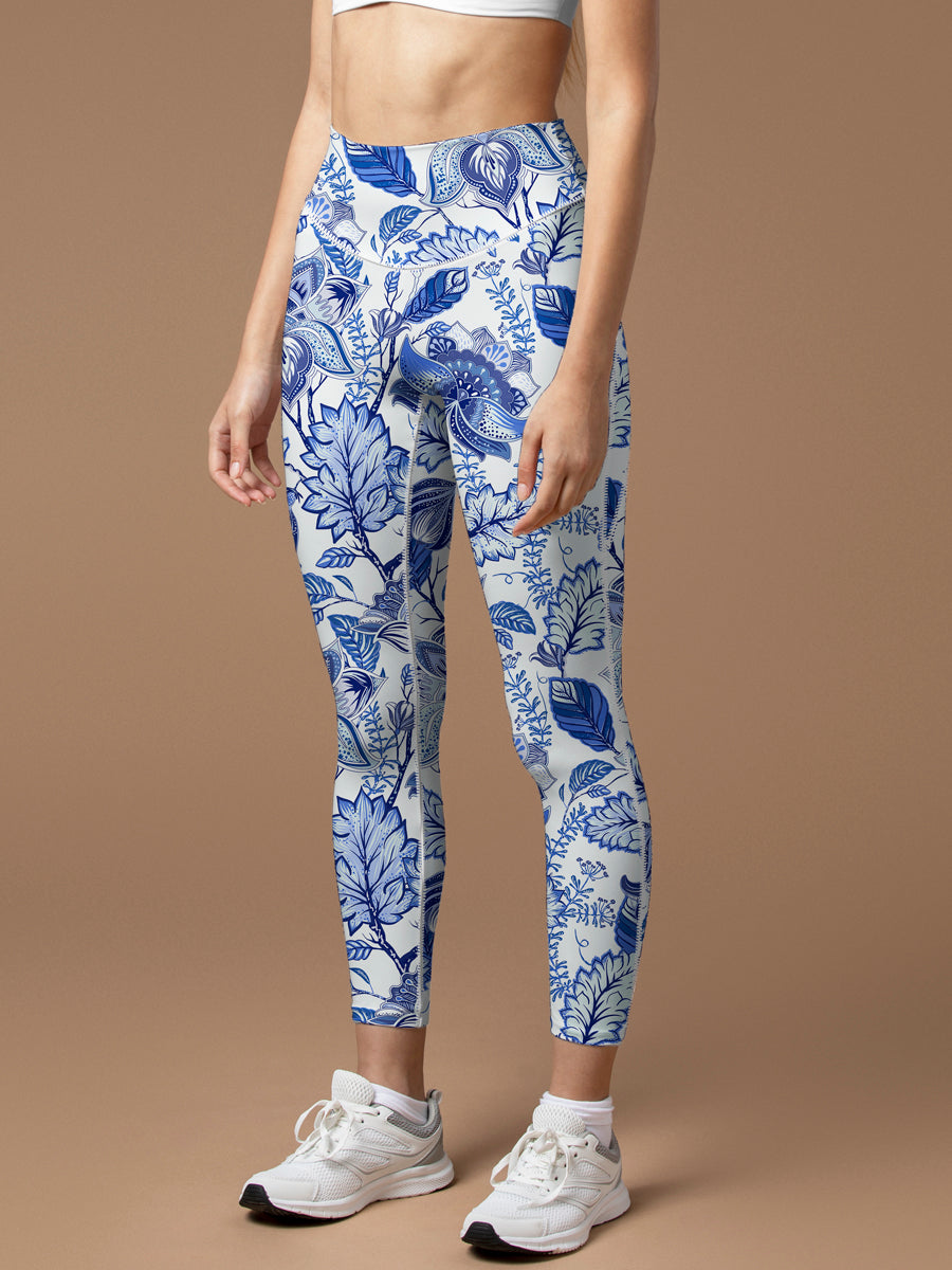 Flower blue and white vintage print breathable yoga leggings