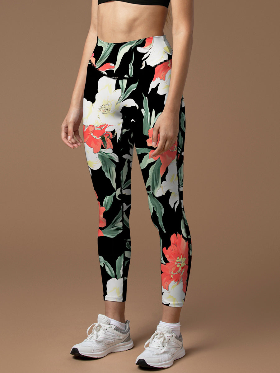 Flower white and red floral dark leggings