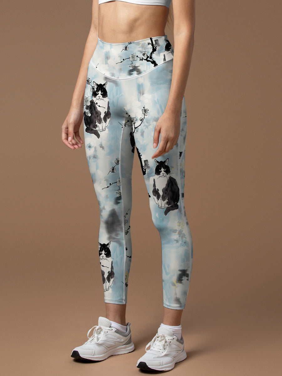 Animal ink painting cat plum blossom leggings