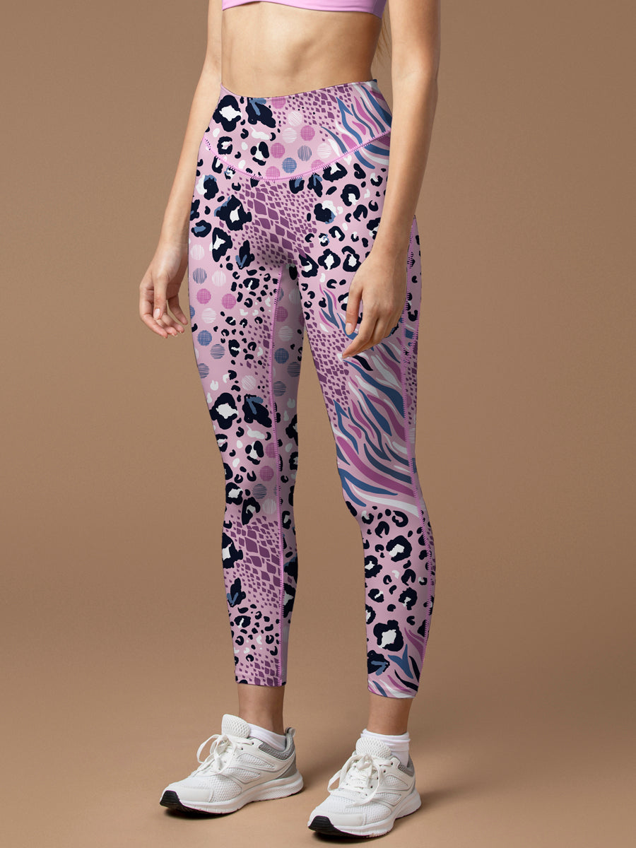 Animal leopard zebra print patchwork pink leggings
