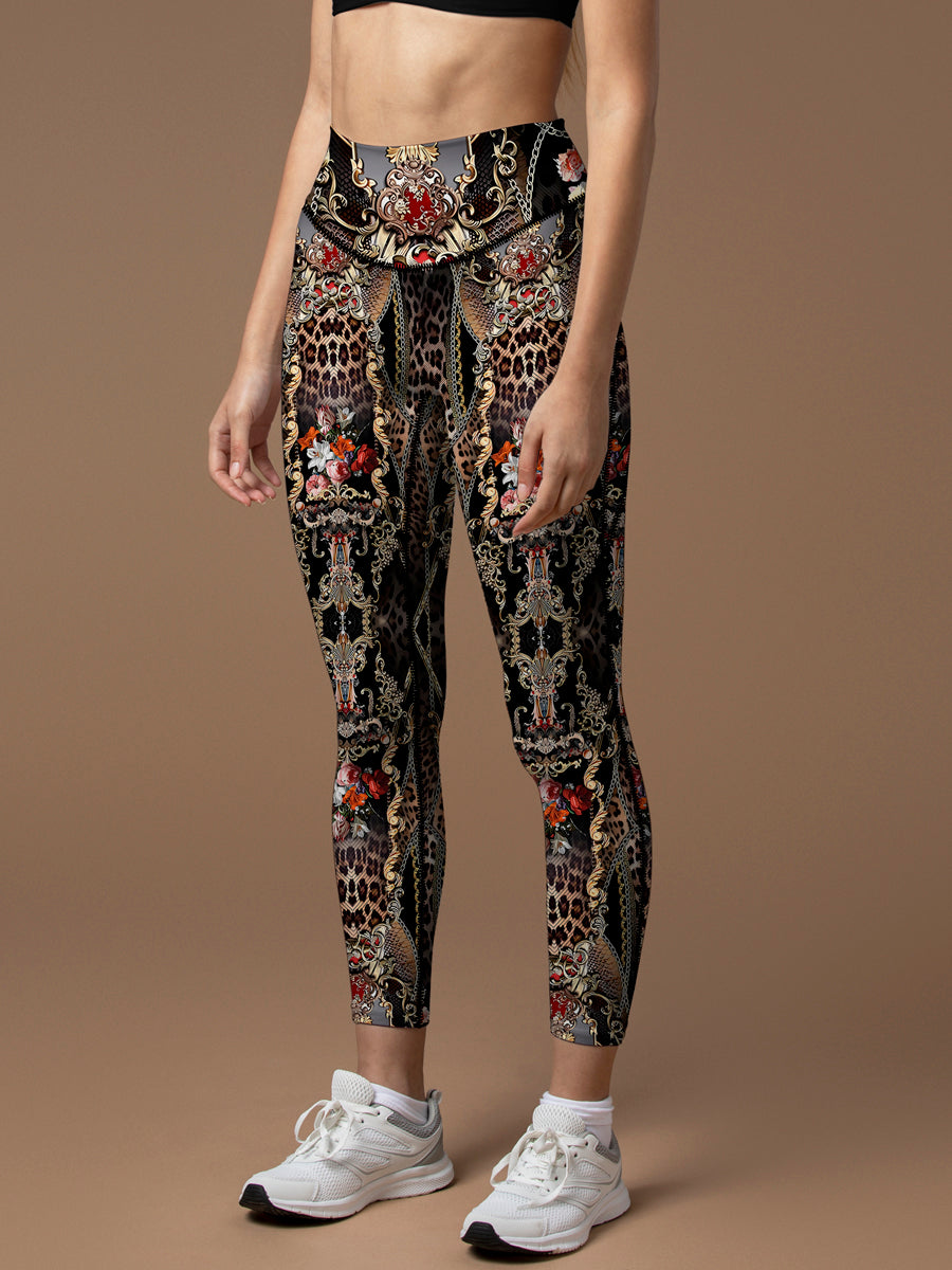 Animal leopard print gold ornaments flower design leggings