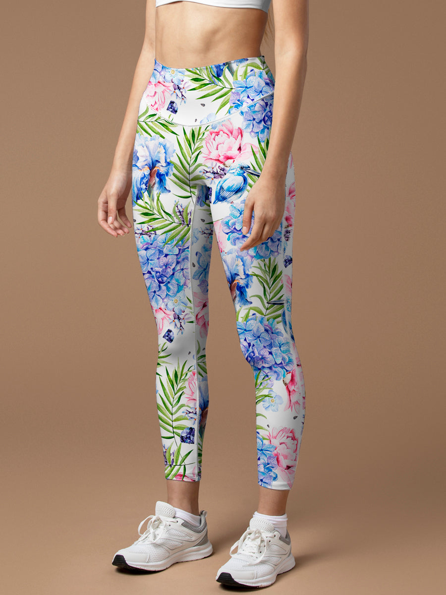 Flower watercolor palm leaves hydrangeas peony leggings