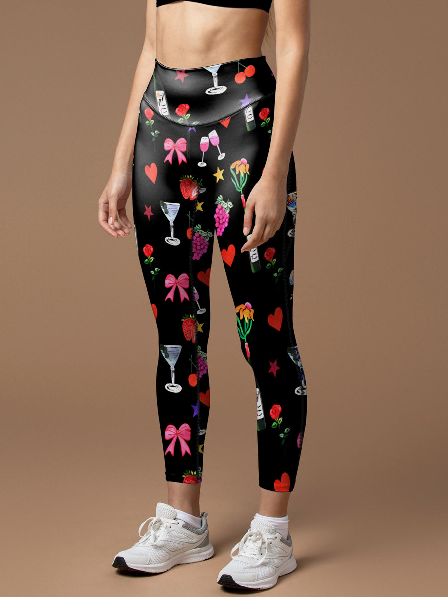 Cartoon hand drawn wine glass heart shape leggings