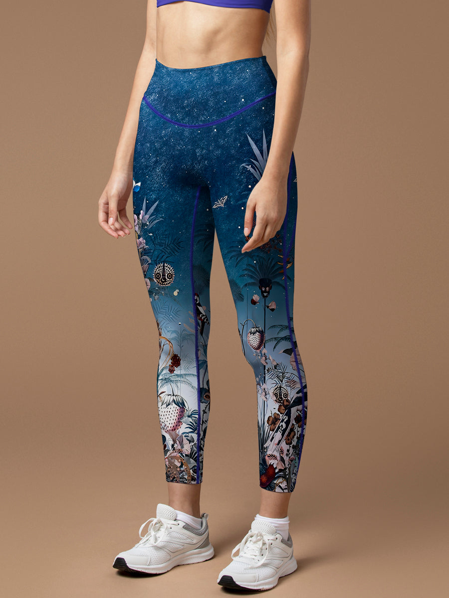 Botanical night sky flowers birds leggings