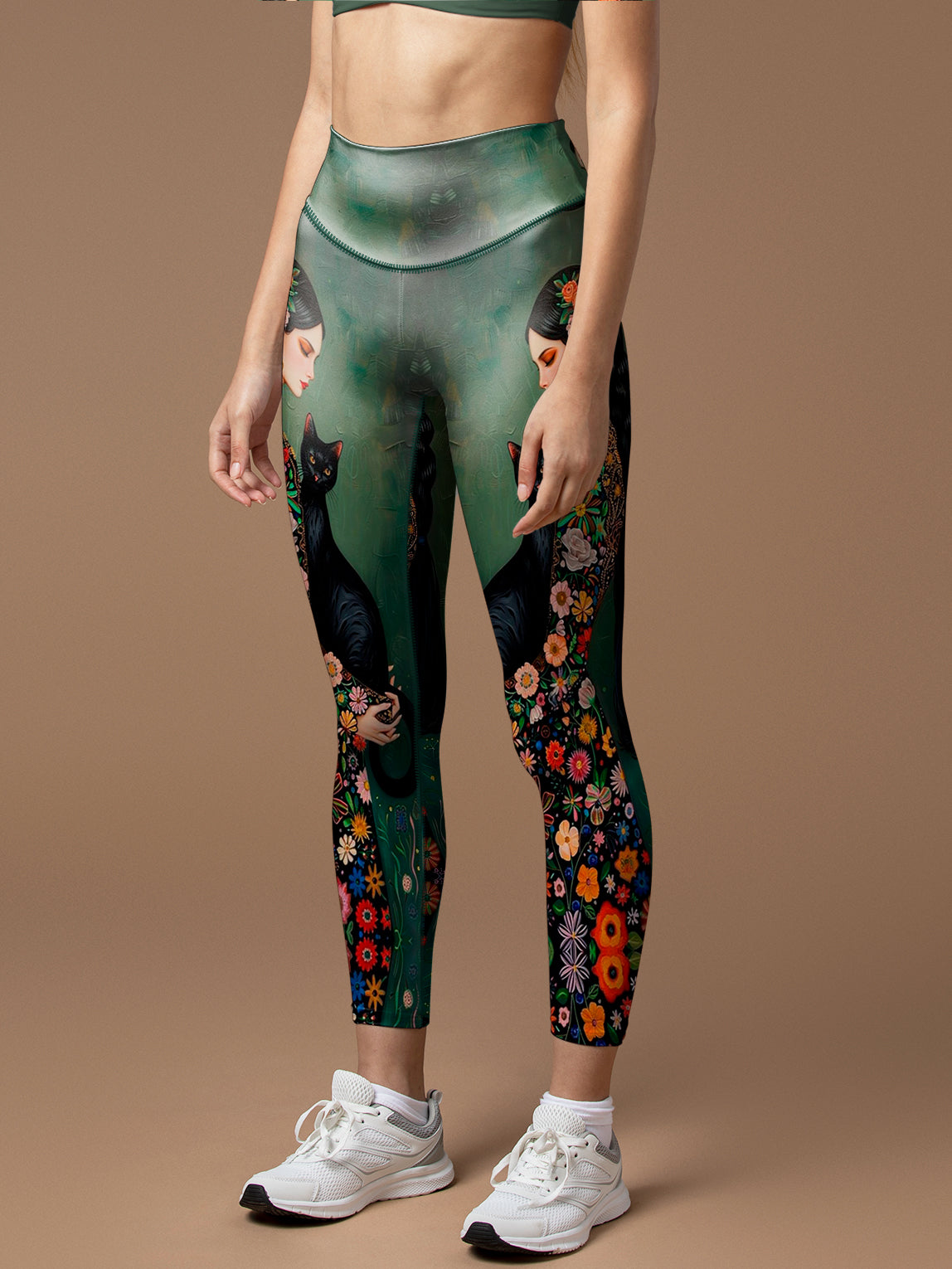 Animal beautiful girl hold black cat art oil painting leggings