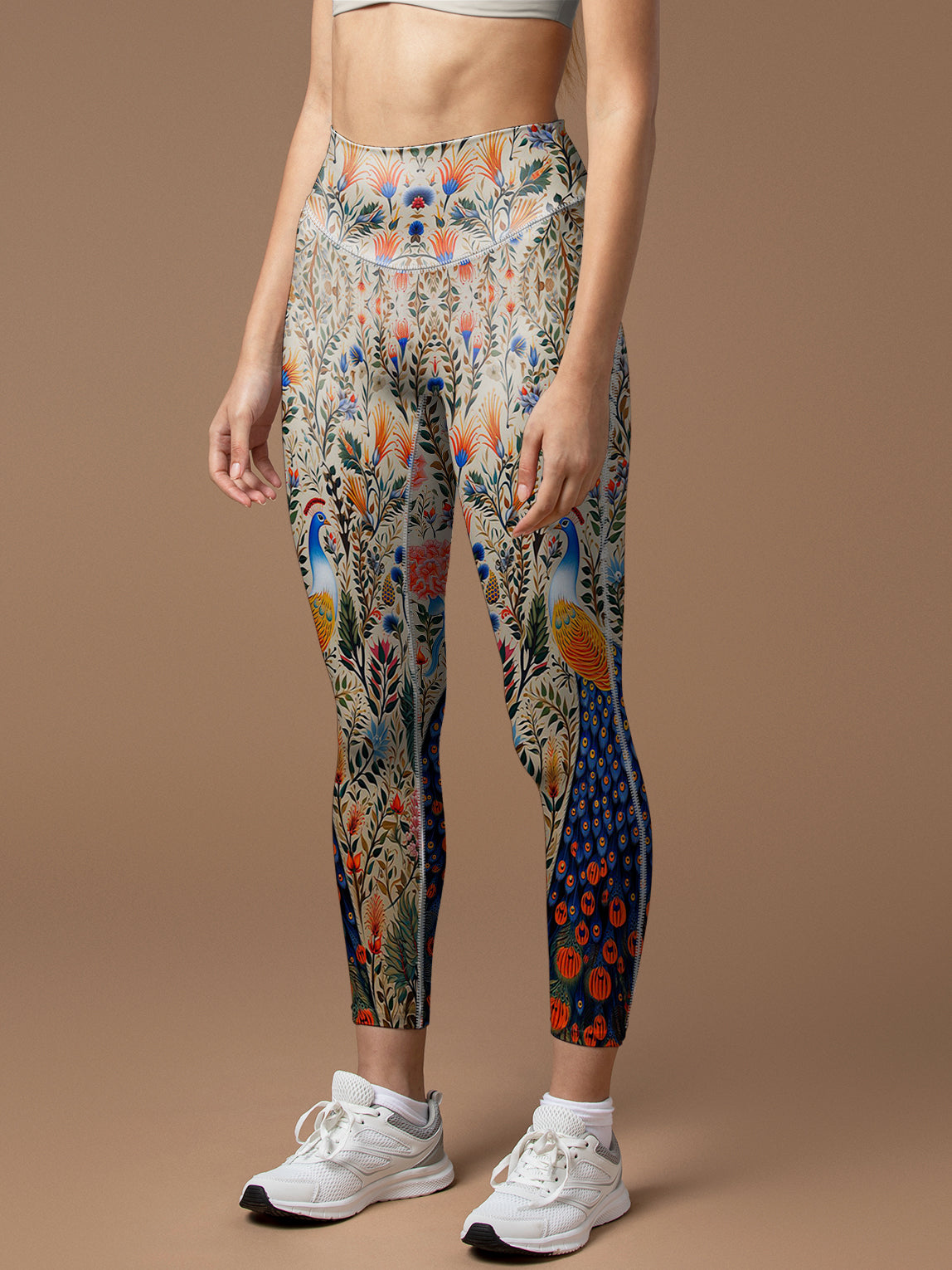Animal peacock with colorful feathers and flowers leggings