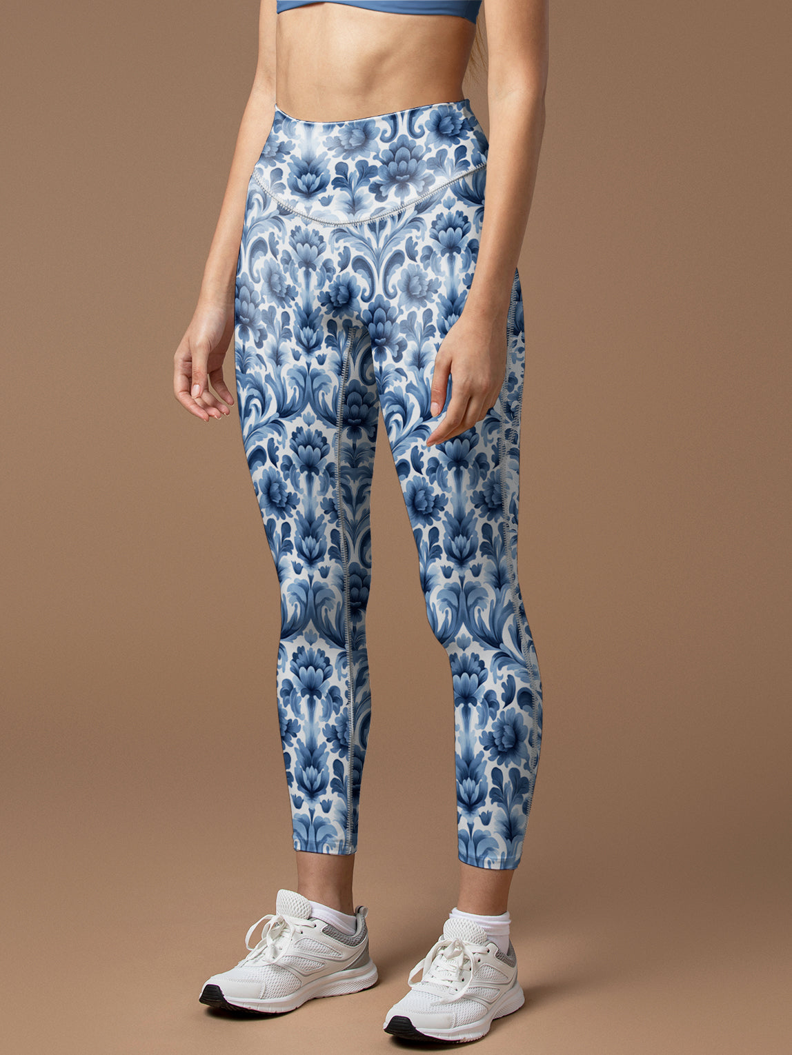 Vintage blue abstract floral lino cuts of leaves leggings