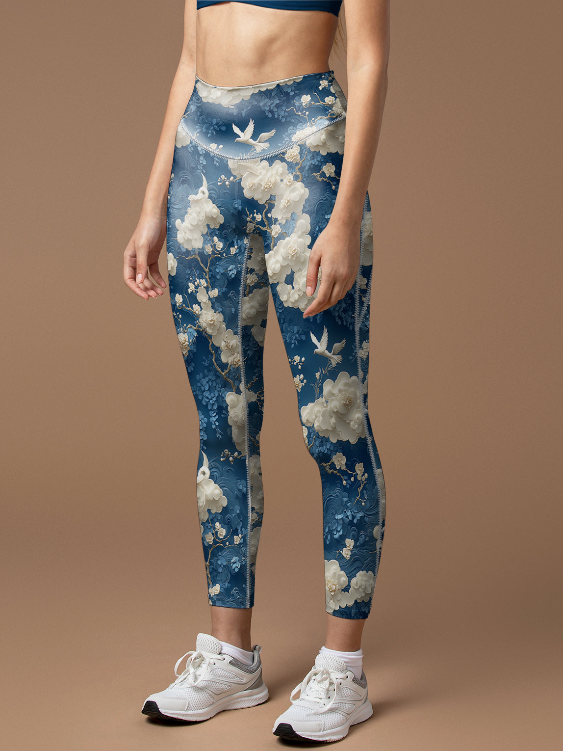 White cherry blossoms birds design leggings