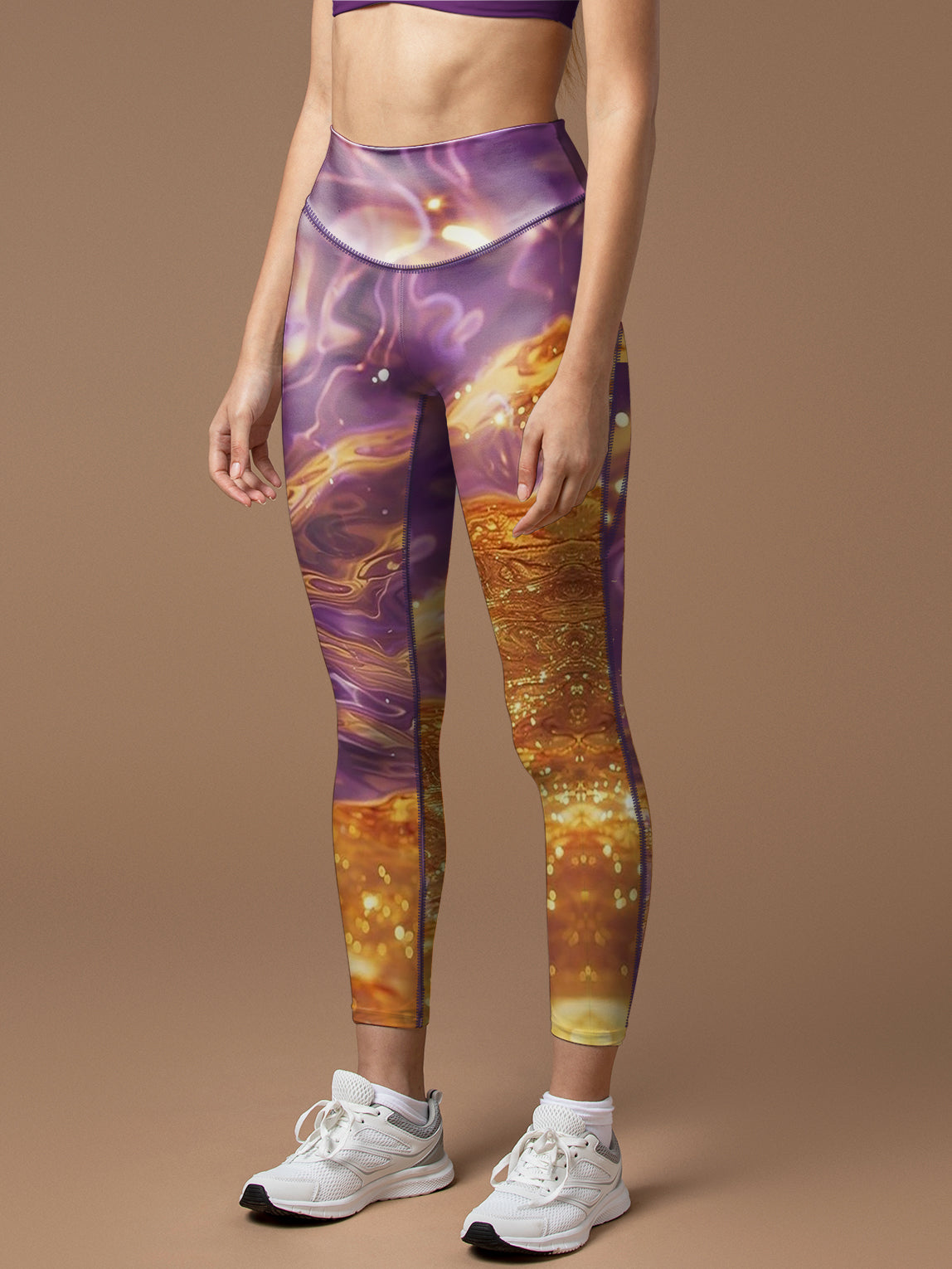Water ripples with gold sunshine and purple captured leggings