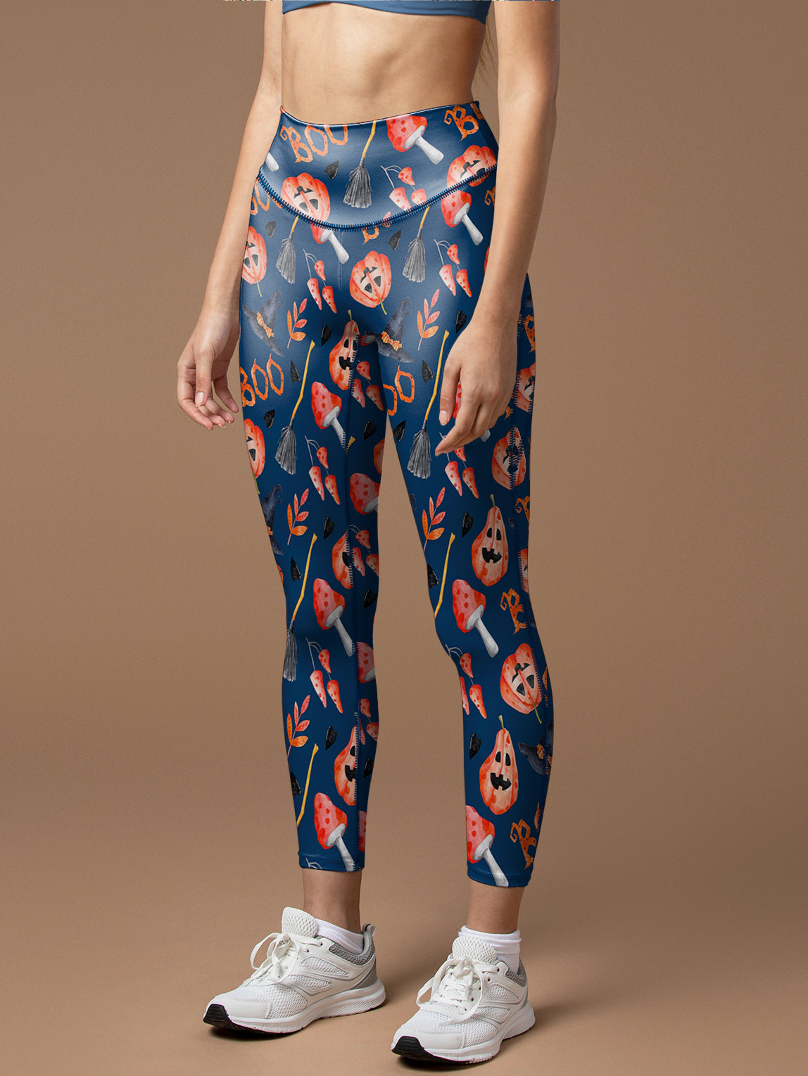 Halloween pumpkin broom dark blue leggings