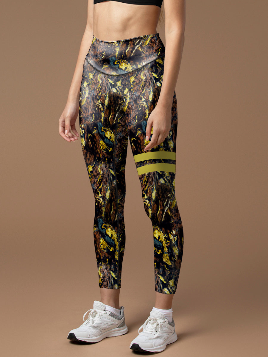 Gilt water ripple black brown marble print leggings