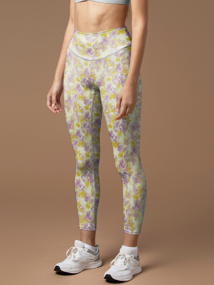 Pretty watercolor purple and yellow flowers leggings