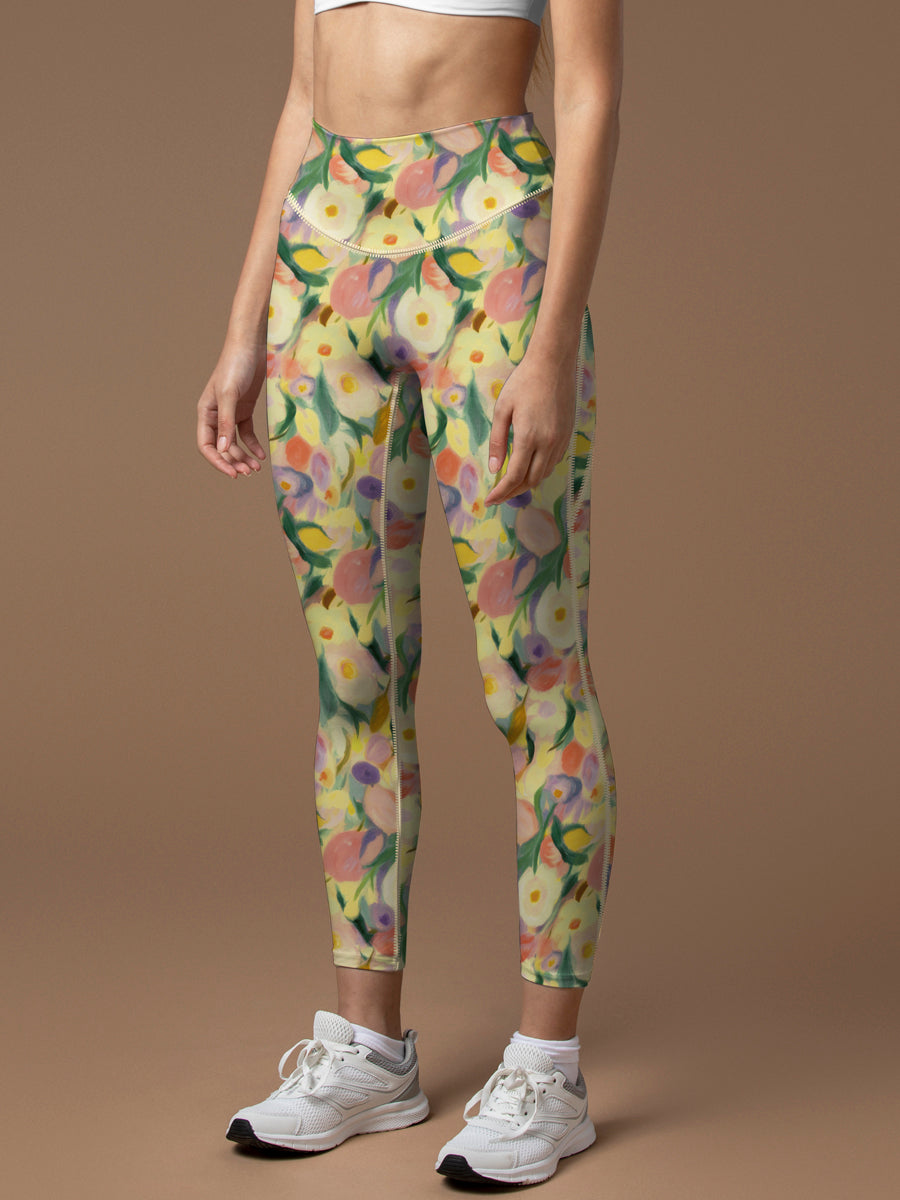Abstract watercolor flowers yellow leggings