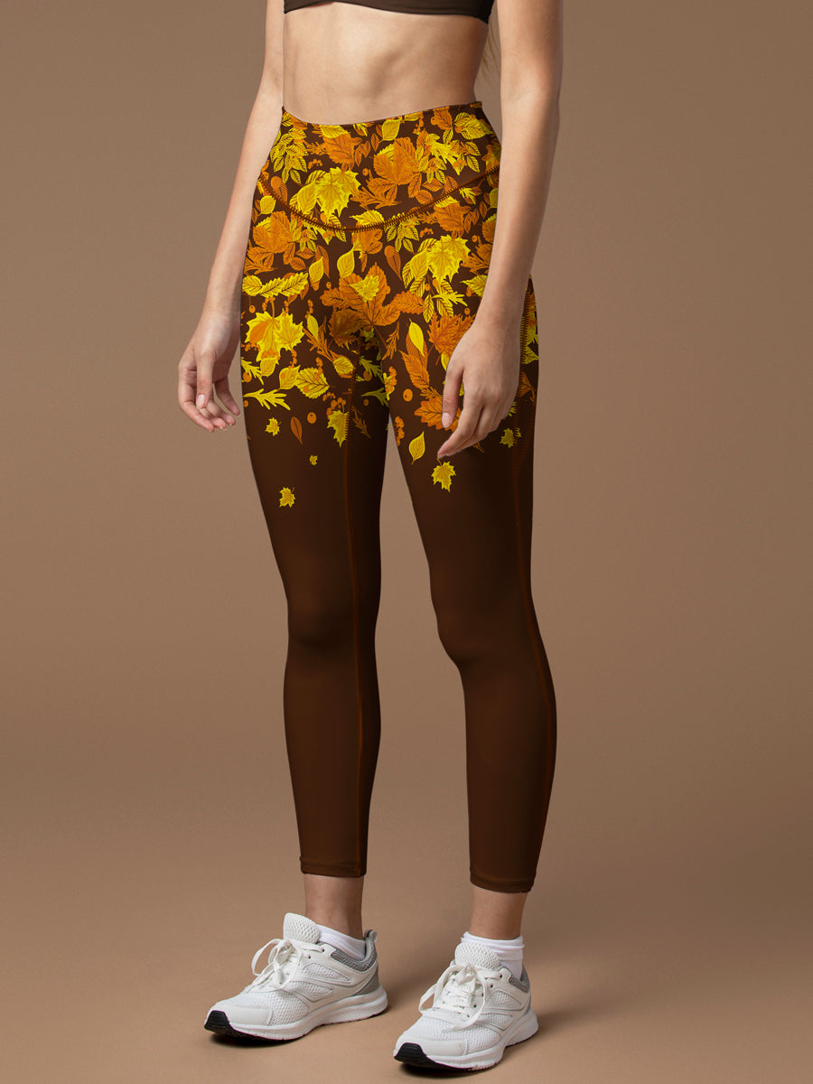 Botanical autumn falling maple leaves brown leggings
