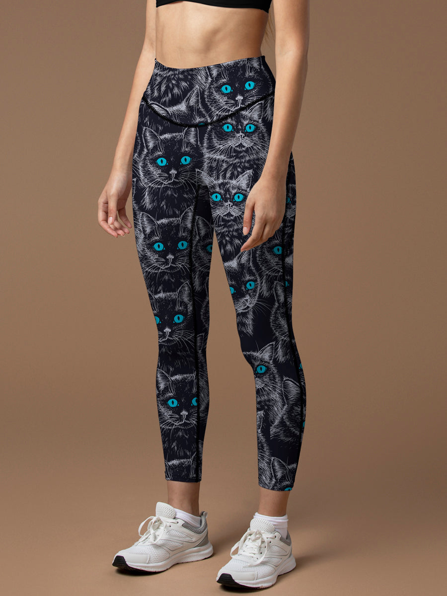 Animal black hand-painted cat with blue eyes leggings