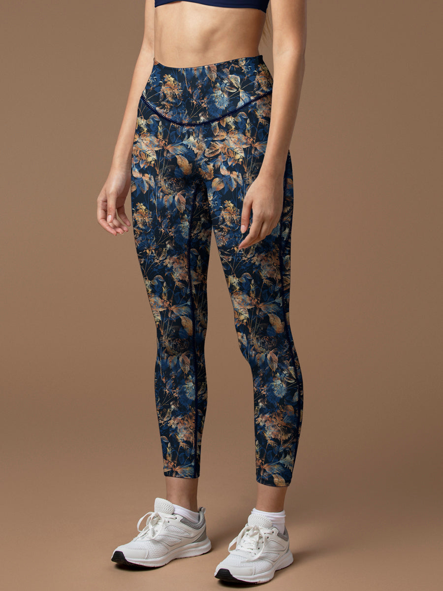 Botanical golden withered leaves decorative blue leggings