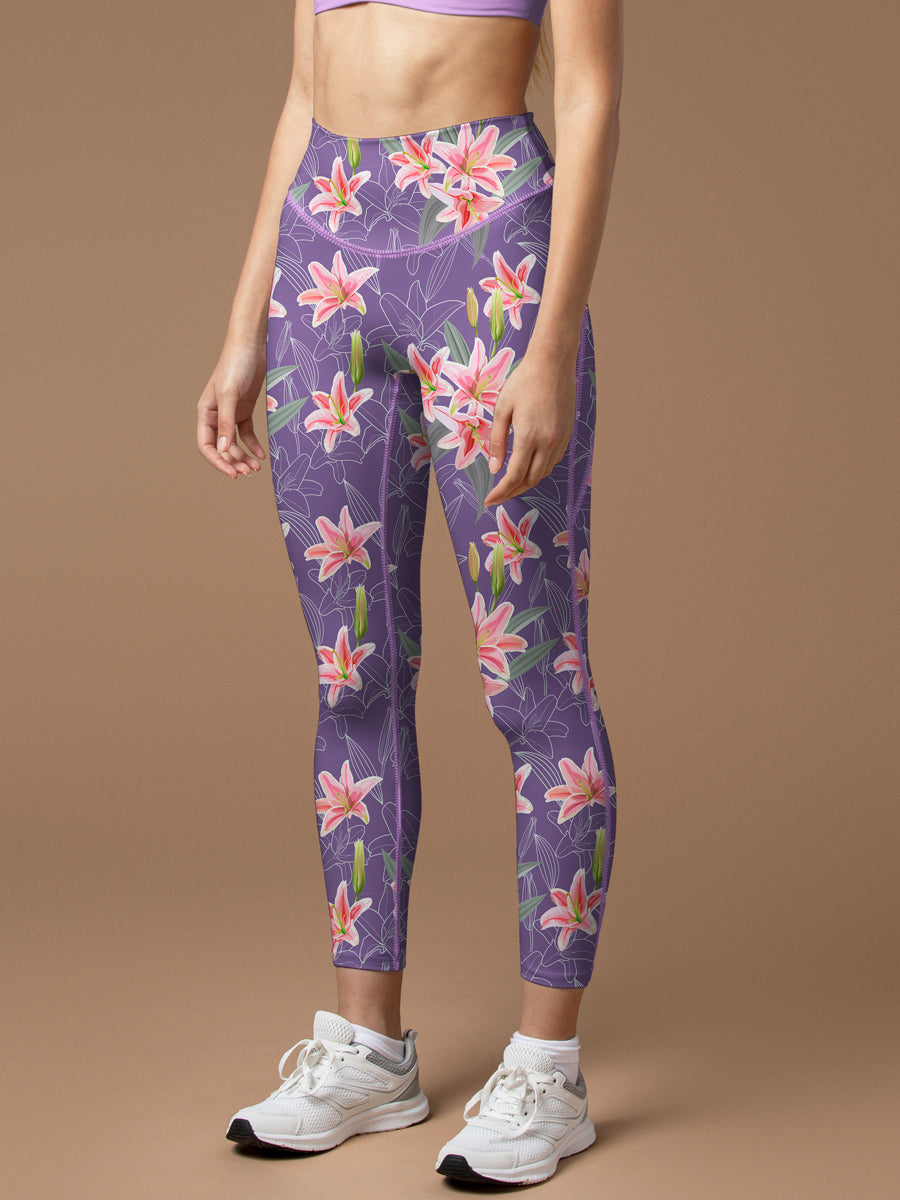 Flower pink lily watercolor leggings