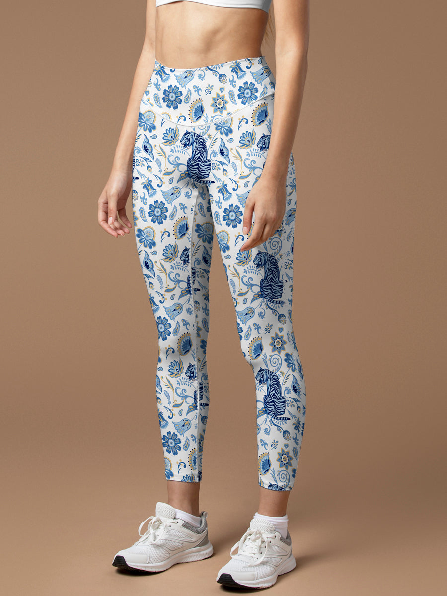 Animal tiger blue wild plants leggings