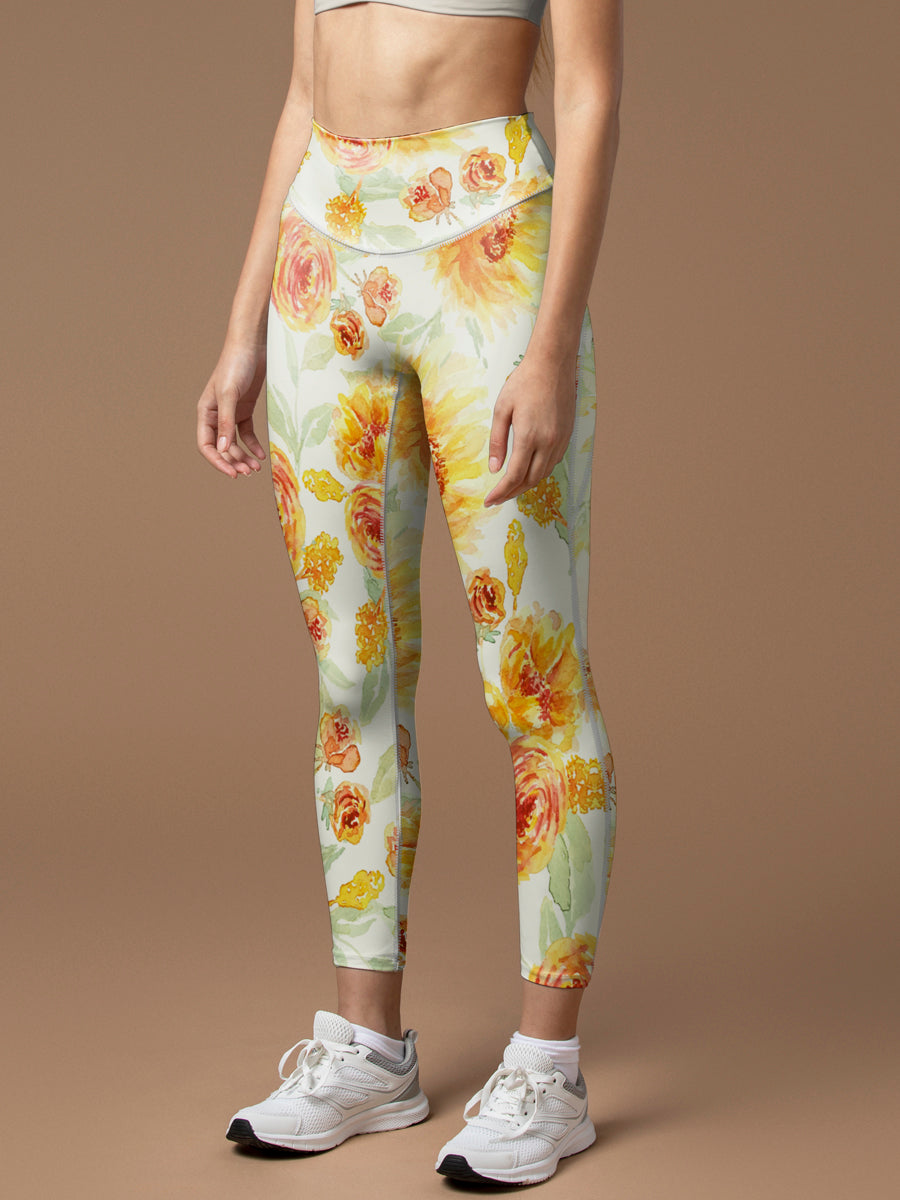 Flower yellow peonies watercolor leggings