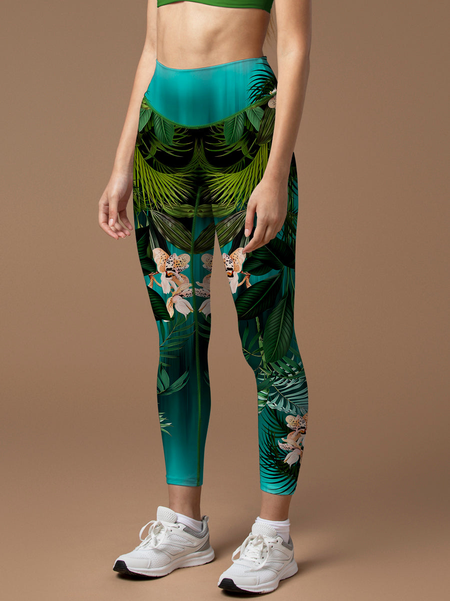 Botanical psychedelic green leaves flower leggings