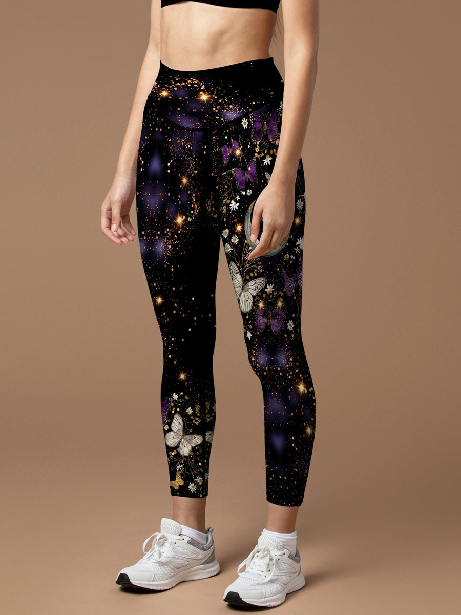 Colorful butterfly and moon bright watercolor galaxy leggings