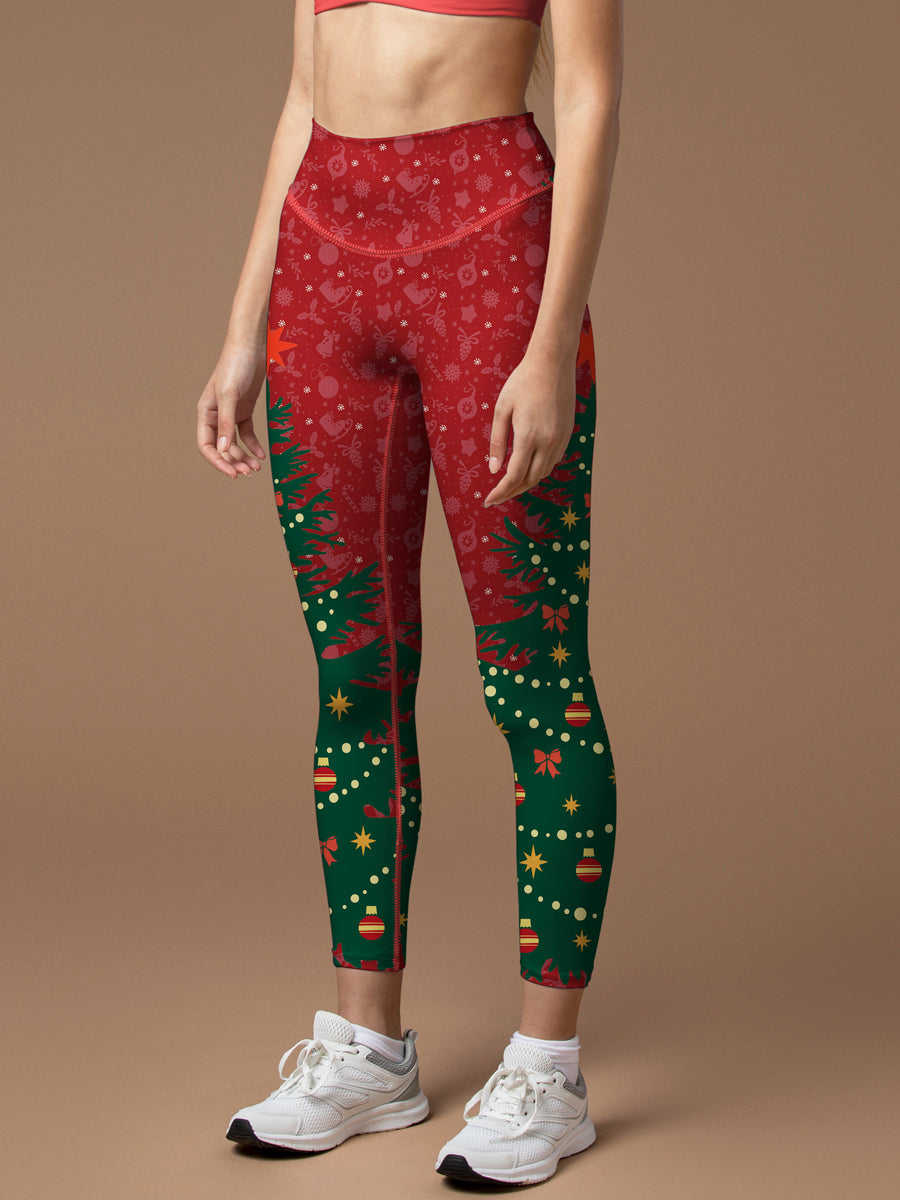 Christmas tree with ornaments on red background leggings