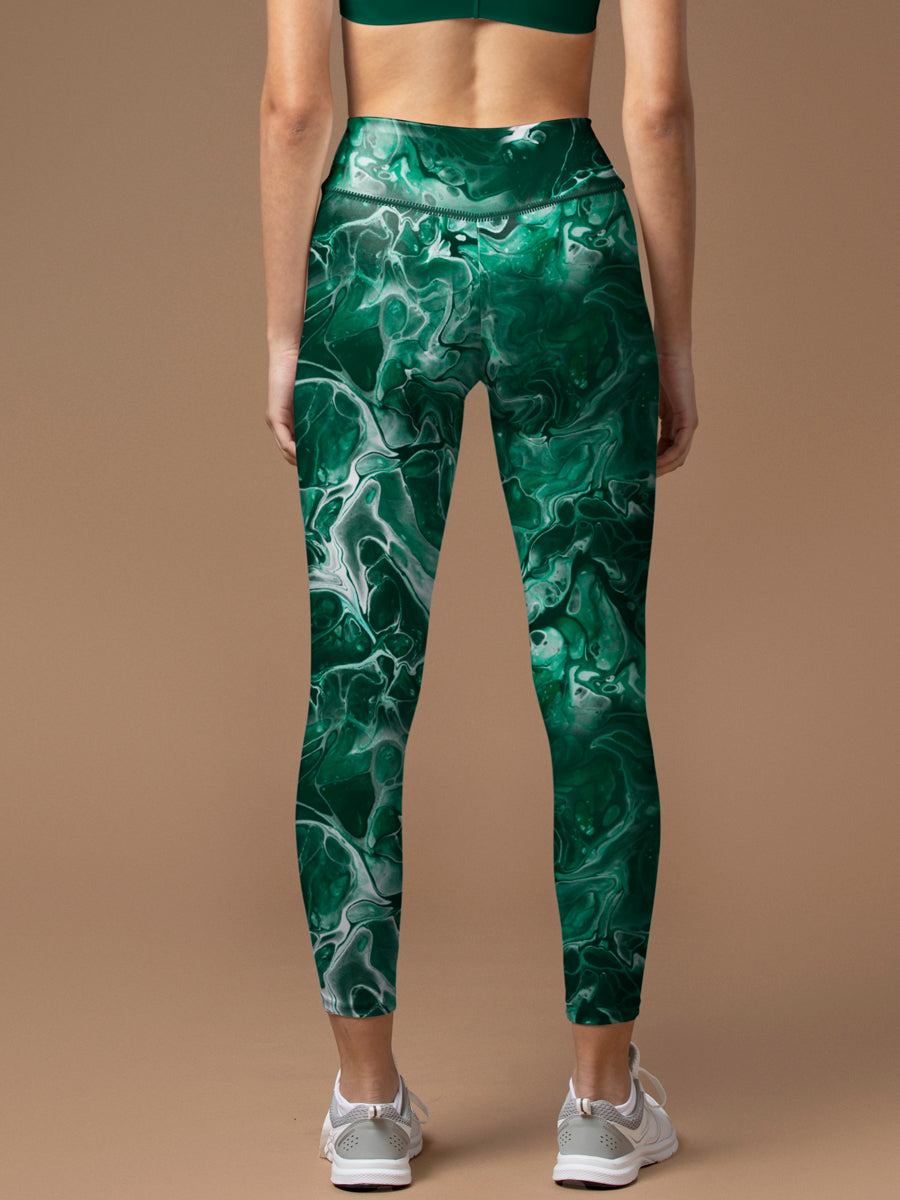 Abstract psychedelic green tie dye water ripple leggings