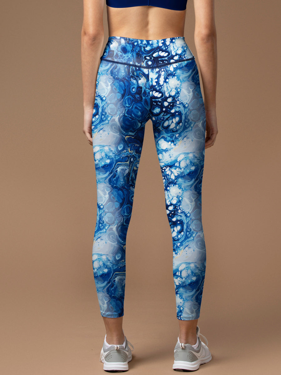 Abstract mixing blue tie dye water ripple leggings