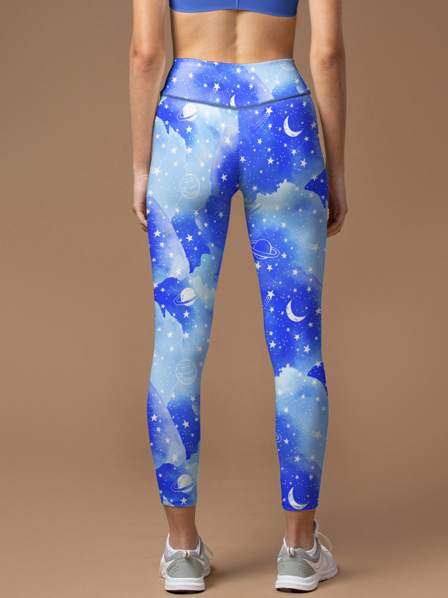 Watercolor galaxy print blue leggings