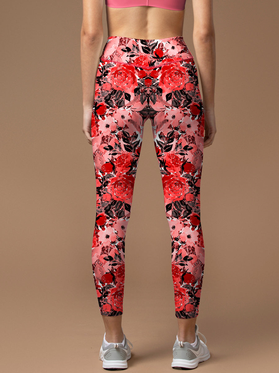 Flower red watercolor peony leggings