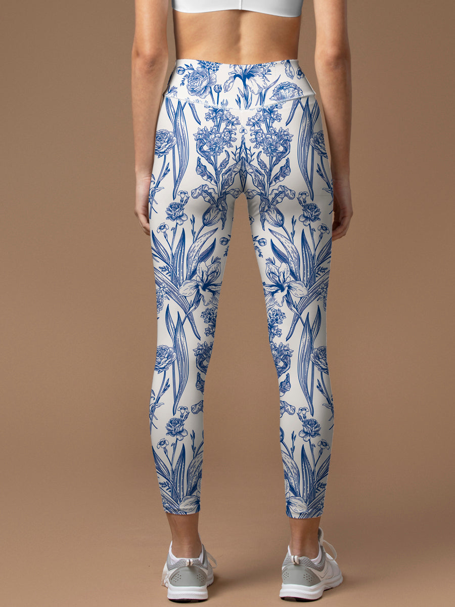 Flower blue lily of the valley rose tulip leaves print leggings