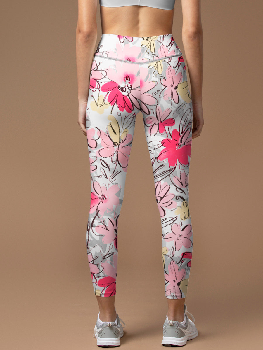 Hand painted colorful liberty style small mauve flowers leggings