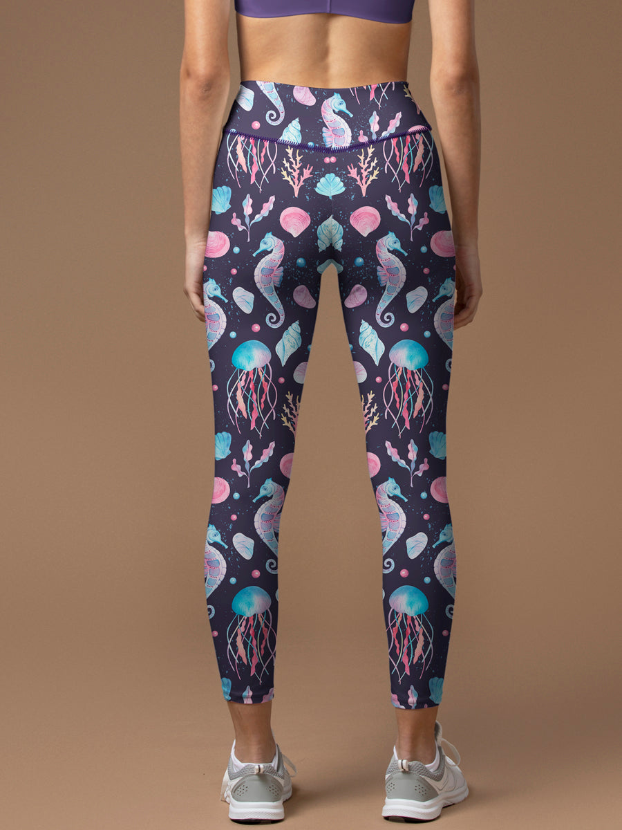 Ocean seahorse jellyfish conch dark leggings