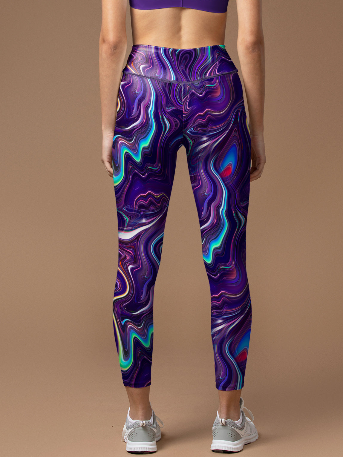 Purple fluid art pattern waistband water ripple leggings