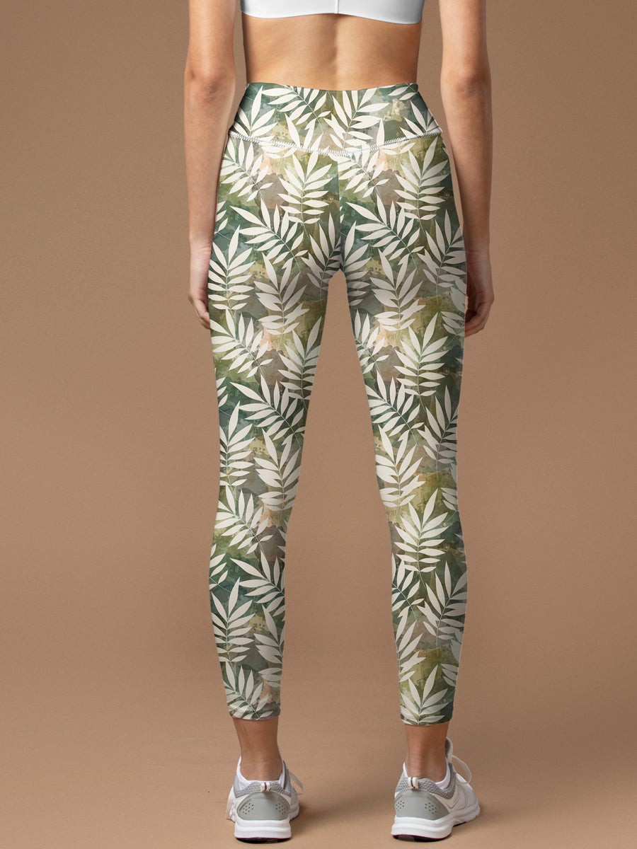 Botanical green gray leaves leggings