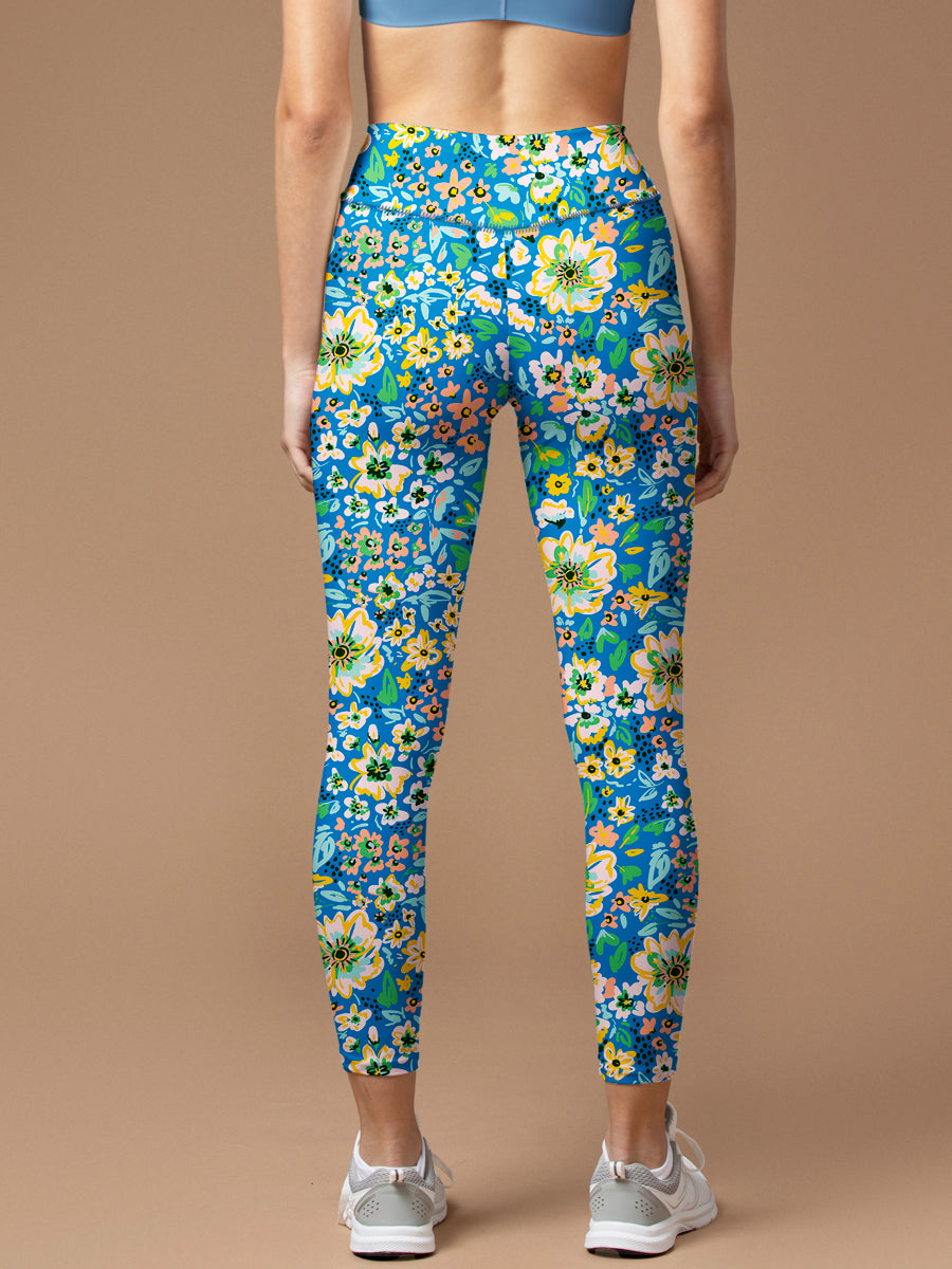 Flower big and small wildflower blue yoga leggings
