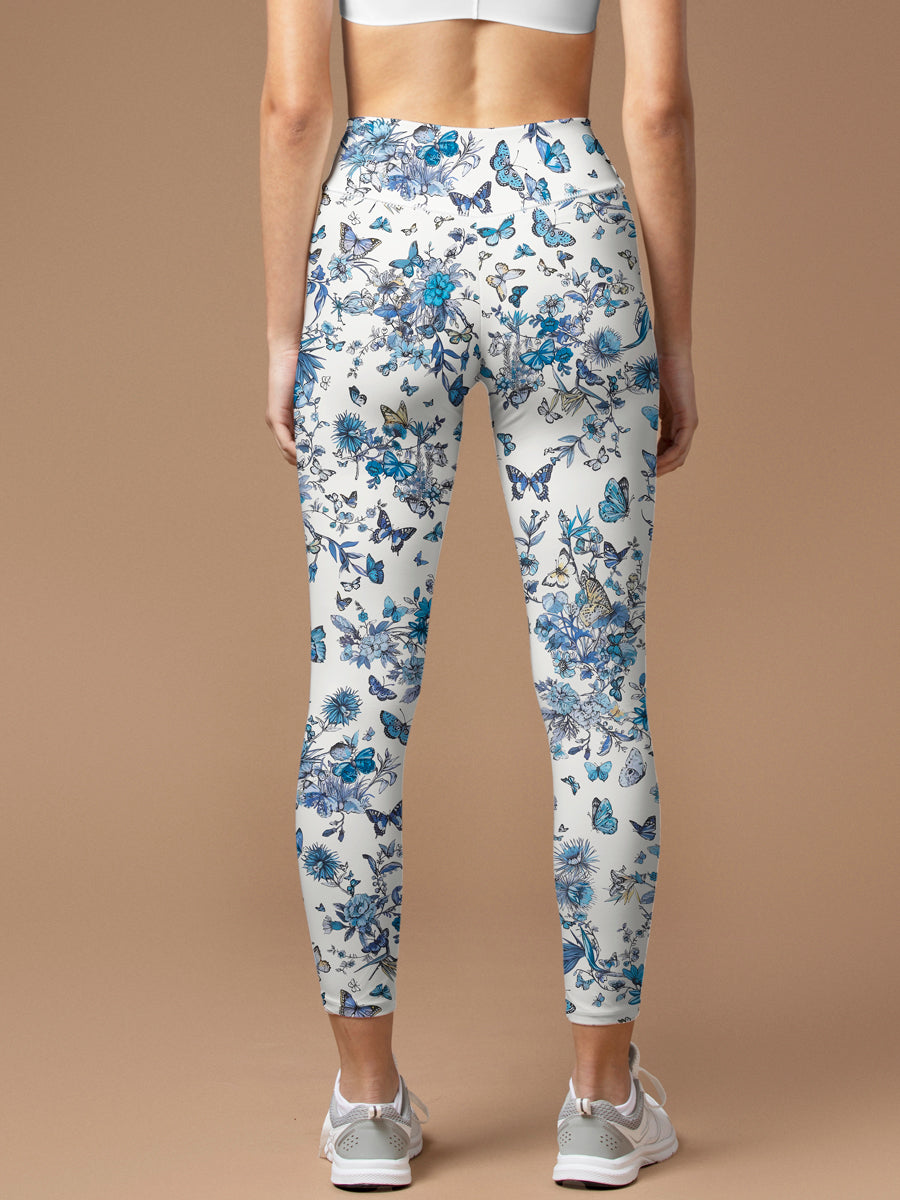 Flower blue and white butterfly on branch leggings